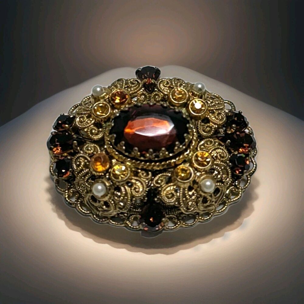 W Germany Signed Vintage Amber Glass & Faux Pearls Filigree Brooch Vintage